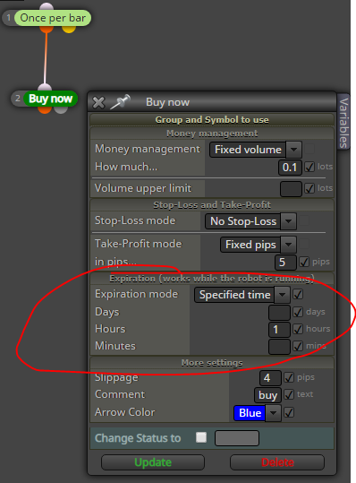 I keep getting negative profits when i have tried to prevent this by take prpfit tp or close profitable trades. These should all be positive and it works on MT5 but not on MT4.
it is extremely annoying and will lose a lot of money. I have not ventured to use these with real money. Does anyone else have the problem and how is it cured? -
@veetee Please, explain what's your problem
-
Could you please share your project to take a look on the issue?
-
-
@ambrogio some buy or sell blocks do not work because they allow negatives through. eg this lets all negtives but other projects let through some negatives. very annoying. i have not checked mt5 but its a problem on mt4. https://fxdreema.com/shared/t6rs6R9pd
-
@veetee you put the expiration of an hour, the trade will close after an hour it was opened, no matter if negative or positive but it is closed
![0_1576335012966_2Cattura.PNG